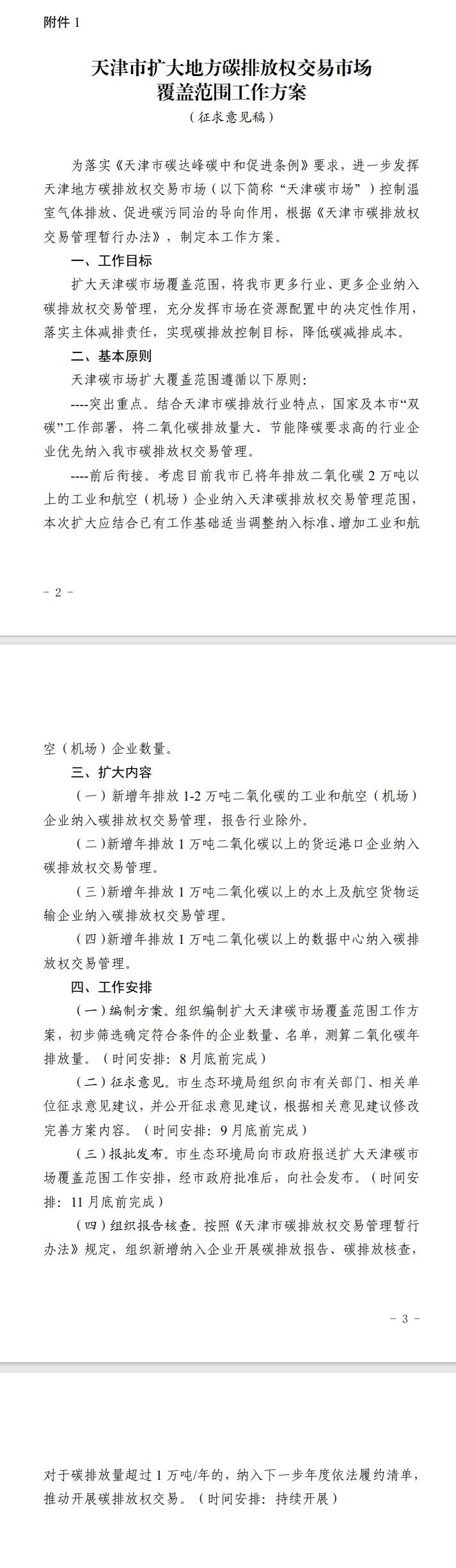 《天津市擴(kuò)大地方碳排放權(quán)交易市場(chǎng)覆蓋范圍工作方案(征求意見(jiàn)稿)》征求意見(jiàn)