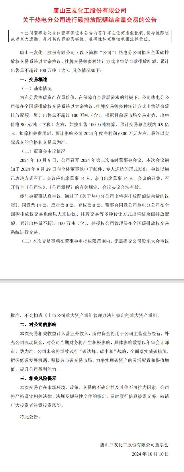 三友化工：熱電分公司擬出售不超過100萬噸碳排放配額