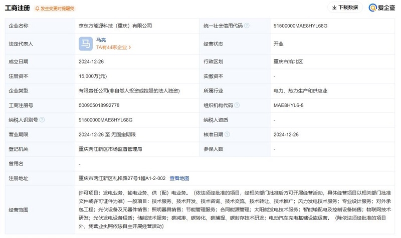 京東方投資成立能源科技公司，含光伏相關(guān)業(yè)務(wù)