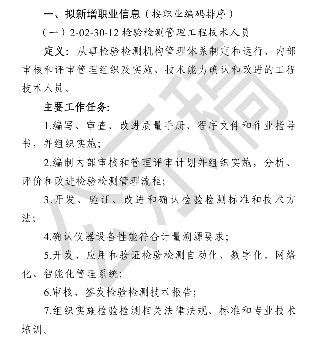 人社部公示新職業(yè)！“檢驗檢測管理工程技術人員”上榜