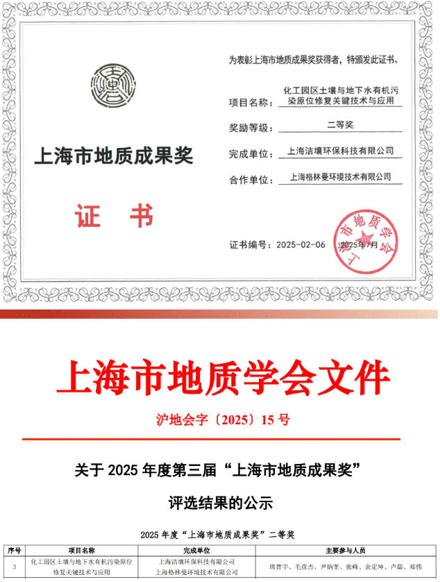 實(shí)樸檢測子公司潔壤環(huán)保榮膺上海市地質(zhì)成果獎！
