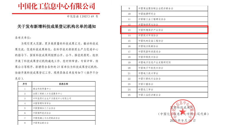 中國環(huán)境保護(hù)產(chǎn)業(yè)協(xié)會成為國家科技成果登記機(jī)構(gòu)！